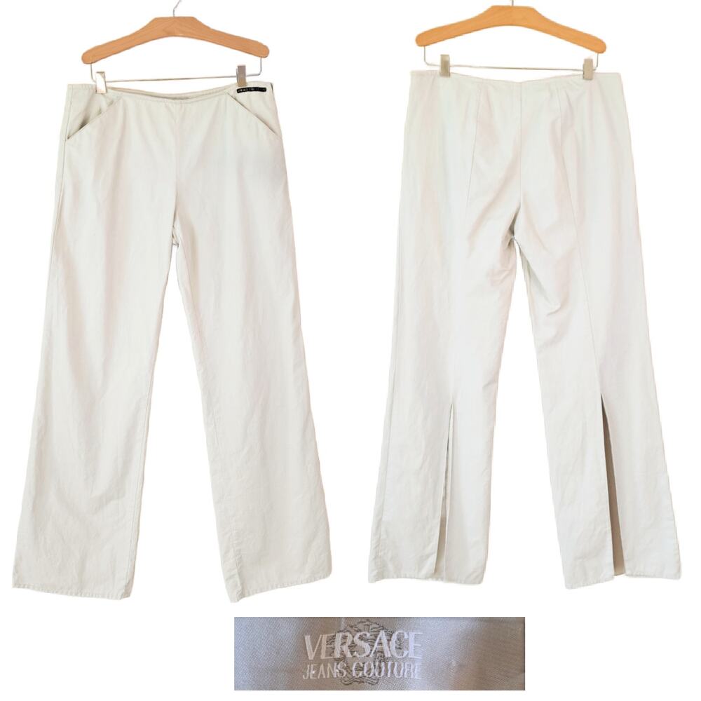 Vintage Y2K Versace Jeans Couture Coated Linen Pants Beige Split Hem IT 42 US 28